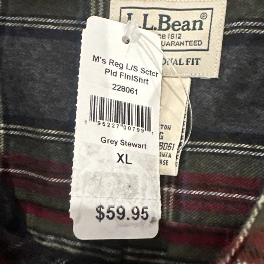 LL Bean Men's Scotch Plaid Long Sleeve Flannel, Grey Stewart, XL, New - Picture 6 of 7